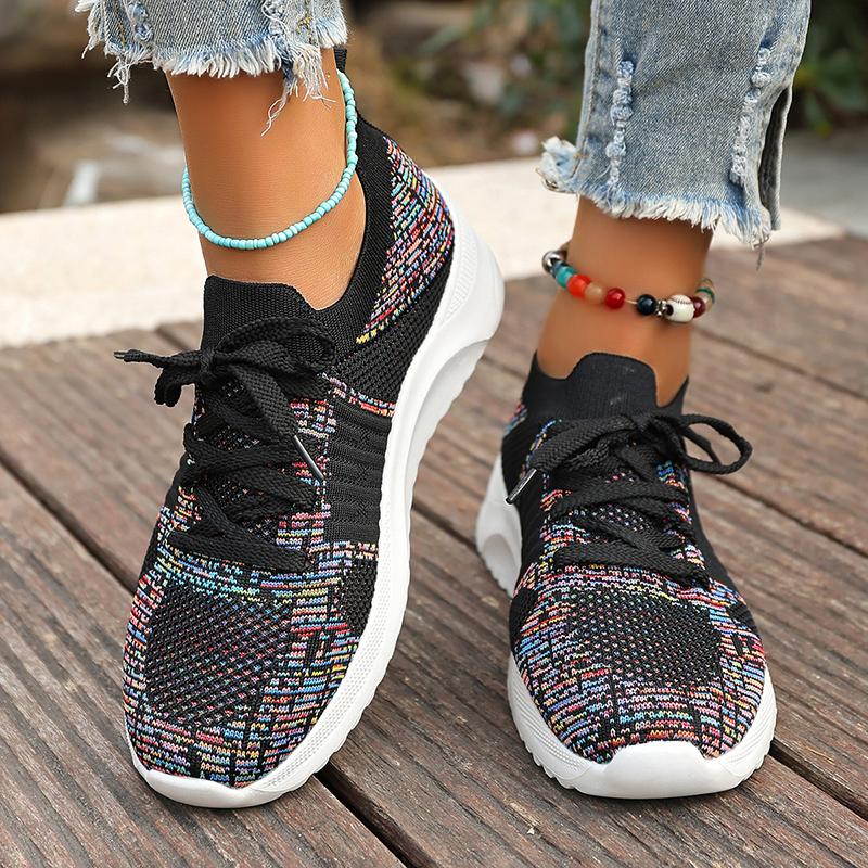 Lightweight Breathable Knitted Sneakers Women Fashion Colorful Striped Casual Shoes Woman Comfort Non Slip Running Sports Shoes