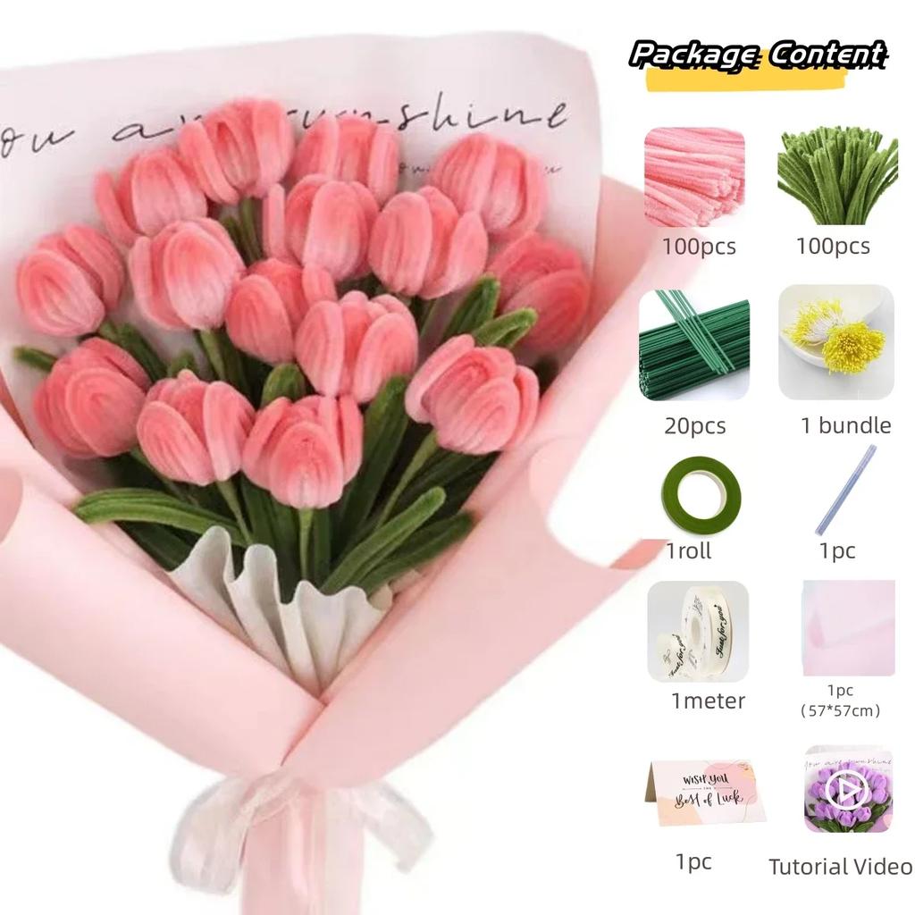 Chenille Stem Tulip Bouquet Kit, DIY Pipe Cleaner Flowers Craft, Creative Gift for Mom Wife Girlfriend