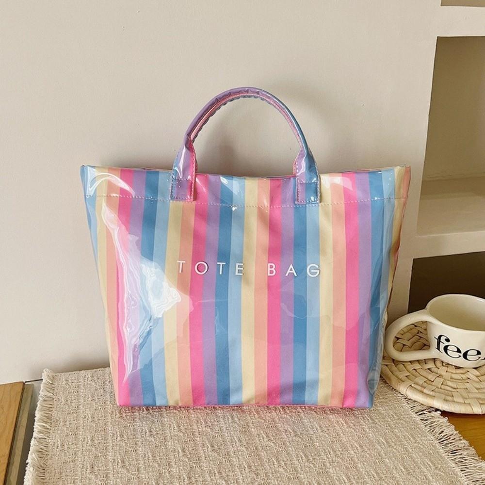 Large Capacity Striped Tote Bag Colorful Shoulder Bag Multi-Functional PVC Handbag Daily