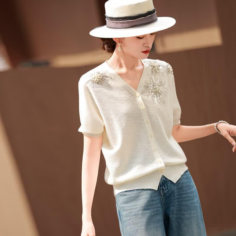 

Lanseer Women s Beaded V-Neck Short Sleeve Knit Top OS