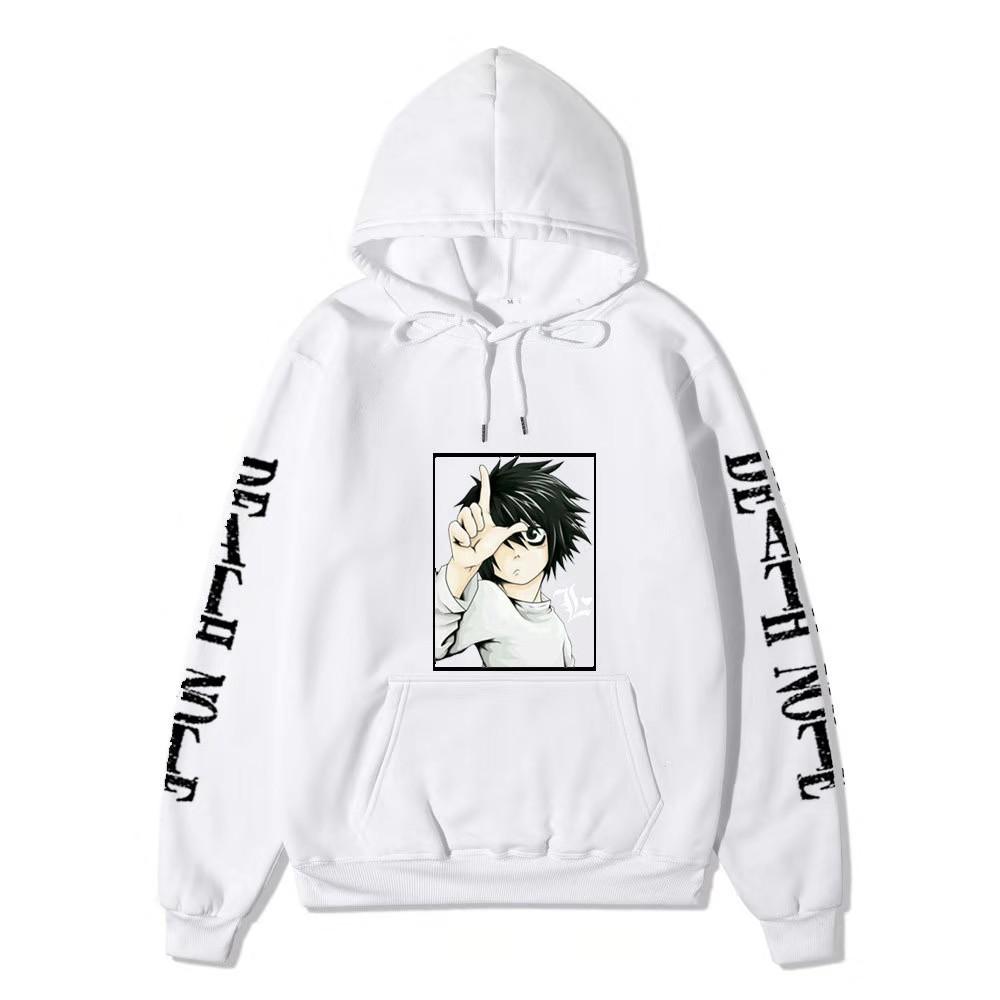 Men Women Fleece Hoodie Death Note L Portrait Two Sleeve Vertical White Text Anime Casual Hooded Sweatshirt