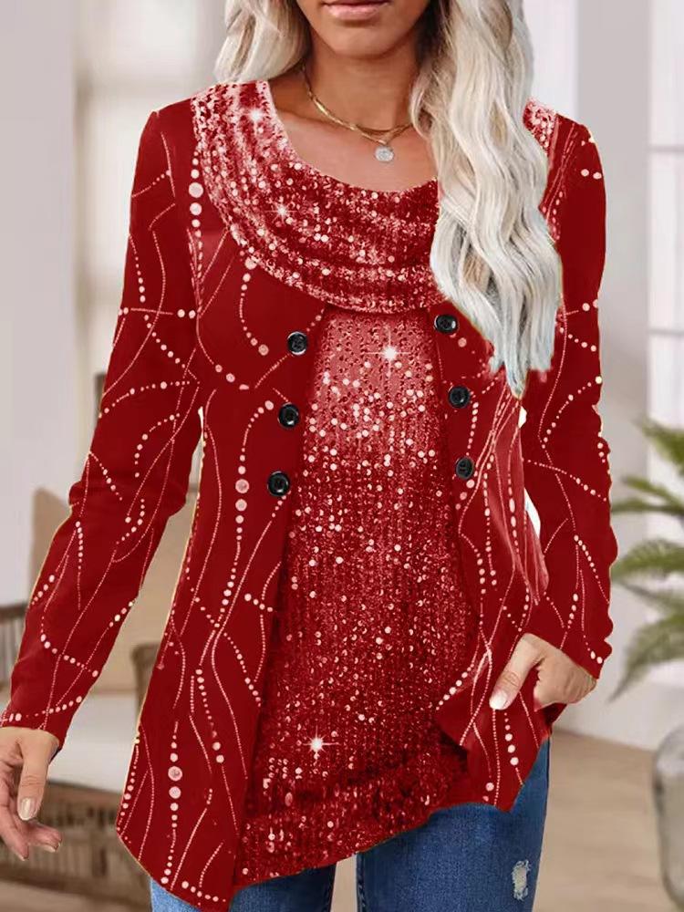 

Independent Station Sequined Patchwork Printed Drop Collar Long-sleeved Fake Two-piece Women s Top S красный