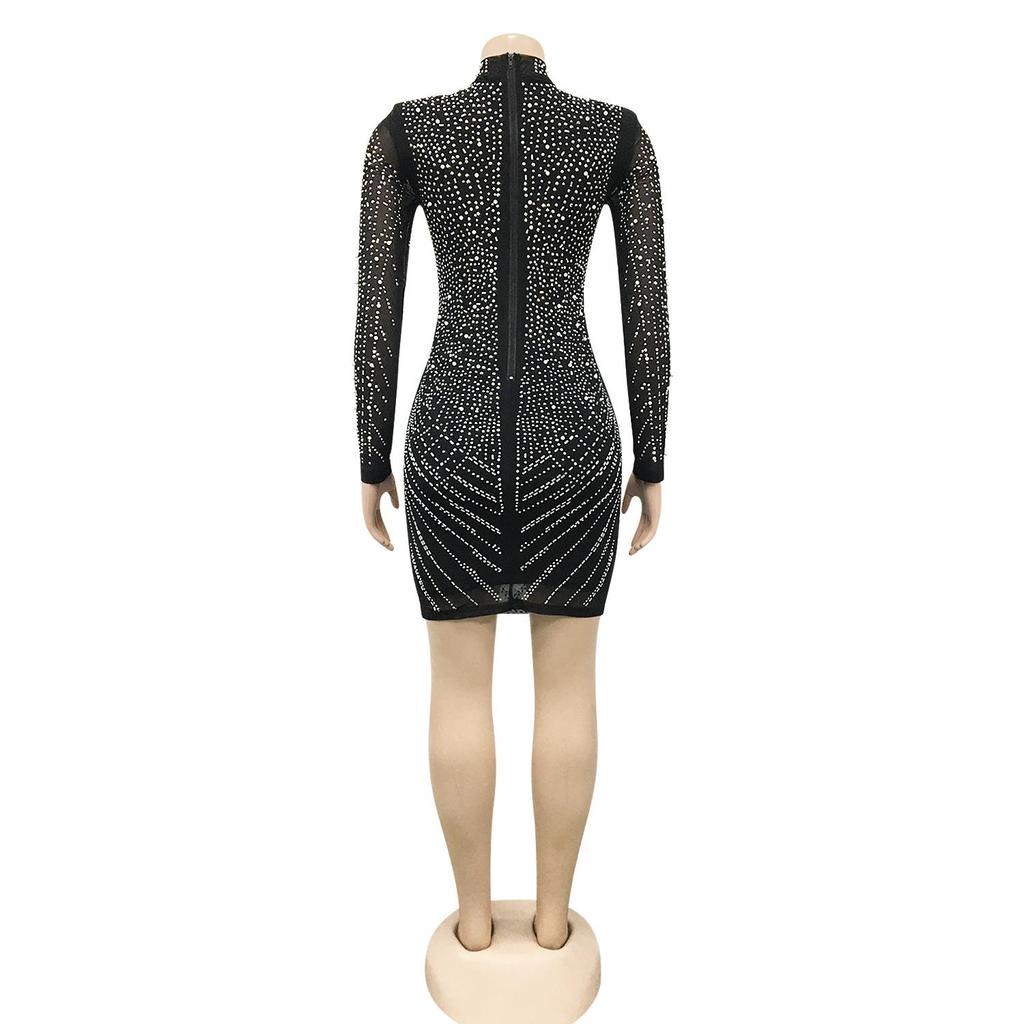 European Sexy Rhinestone See-through Mesh Deep V Party Dress for Women