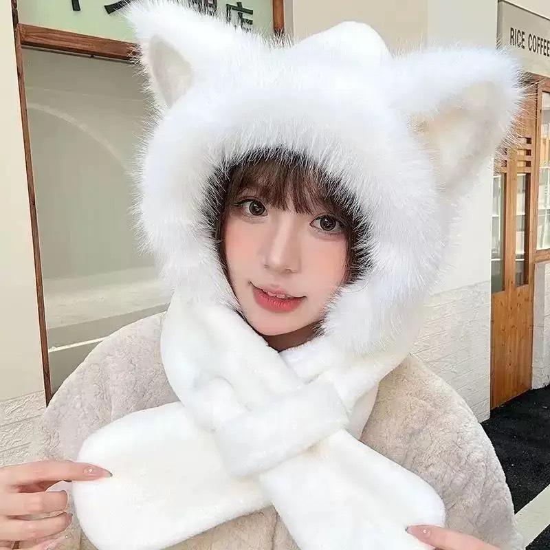 Women's Cute Fluffy Hat with Scarf and Ear Protection for Autumn/Winter