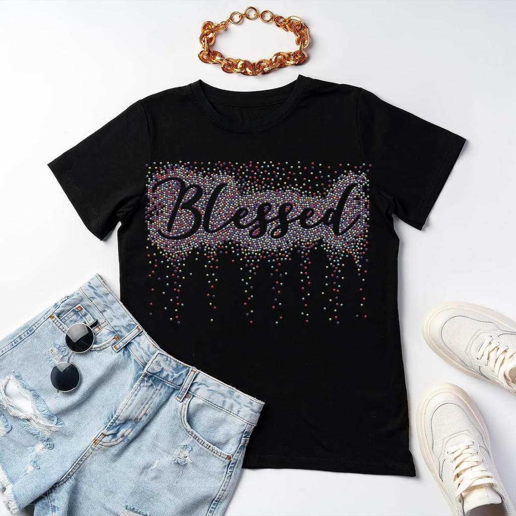 PLIGREAT Colorful Glitter Rhinestone Iron On Patches Bling Blessed Quotes Rhinestone Iron On Transfers for Clothing Jacket Jeans Women Men T Shirt