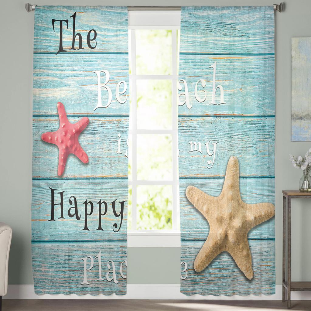 Wood Grain Beach Text Starfish Curtain For Living Room Transparent Tulle Curtains Window Sheer For The Bedroom Accessories Decor