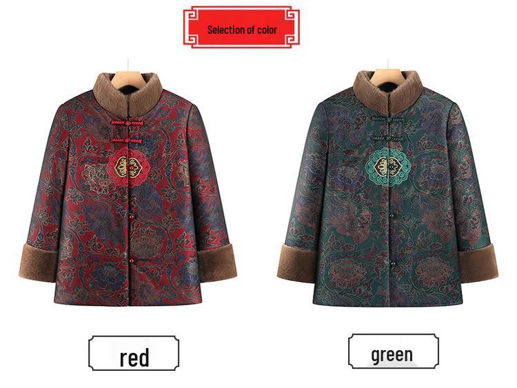 Elderly Women's Plus Velvet Thickened Cotton Winter Jacket - Warm Tang Suit Style