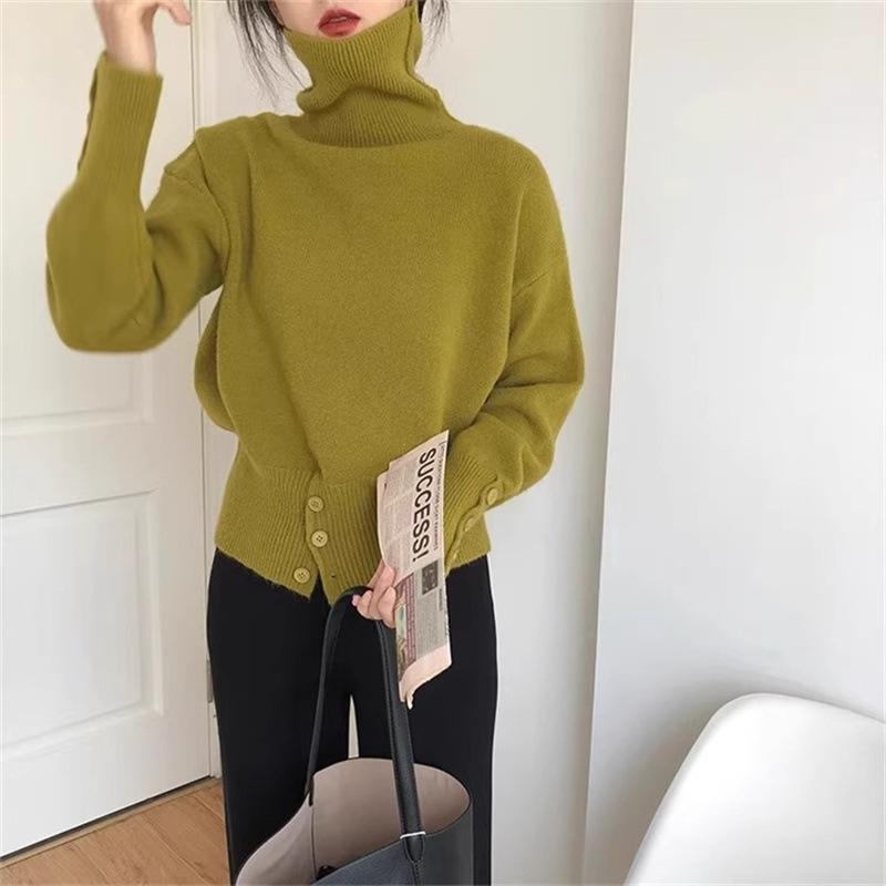 Retro High Neck Button Sweater: Women's Autumn/Winter Solid Color Knit with Slit