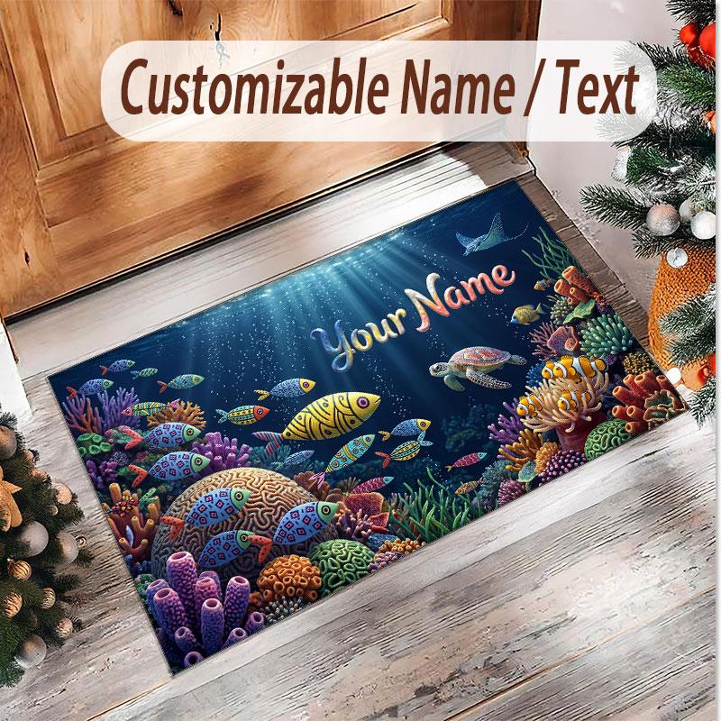 Fish Ocean Theme Soft Crystal Velvet Rug Custom Name & Text Print Non Slip Floor Rug for Bedroom Living Room