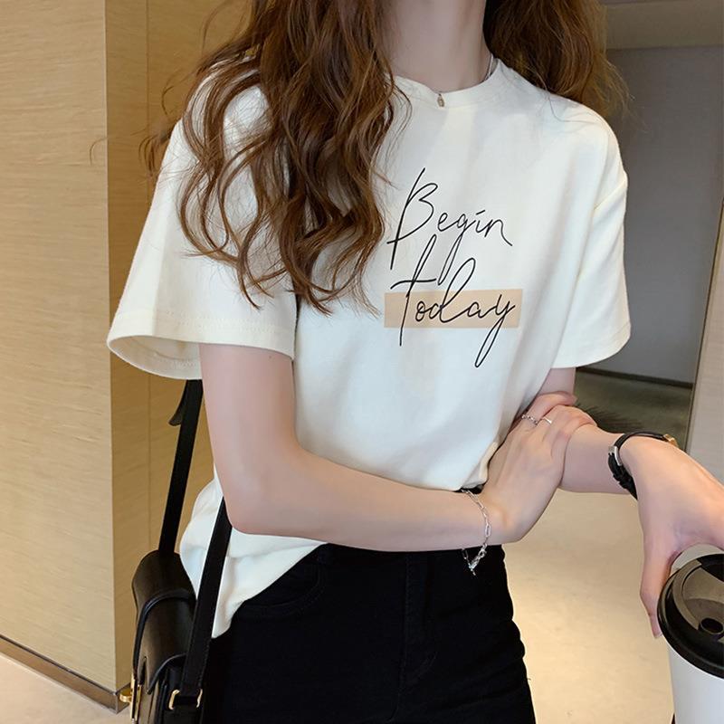 

Foreign style printing round neck short-sleeved summer new fashion T-shirt women s loose half-sleeved t-shirt bottoming shirt top M белый