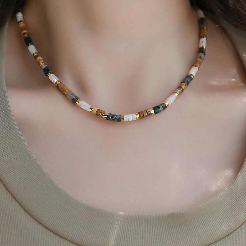 Retro High-end Contrasting Color Round Necklace Simple Ethnic Style Beaded Collarbone Chain New Versatile Necklace Wholesale Women