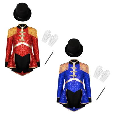 4Pcs Kids Girls Ringmaster Circus Magician Drummer Cosplay Costume Sequins Bodysuit with Hat Gloves Wand Set Halloween Circus Costume