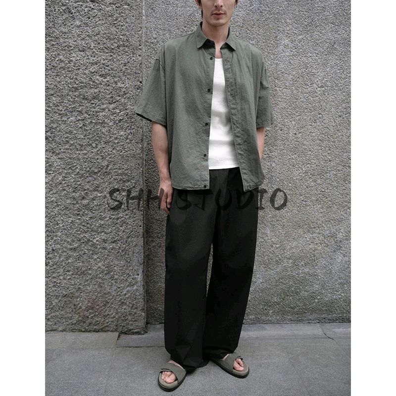 Summer New Men's Wear Single Row Multi-Buckle Lapel Loose-Fitting Lightweight Thin Technology Fabric Short Sleeve Shirt 9621950