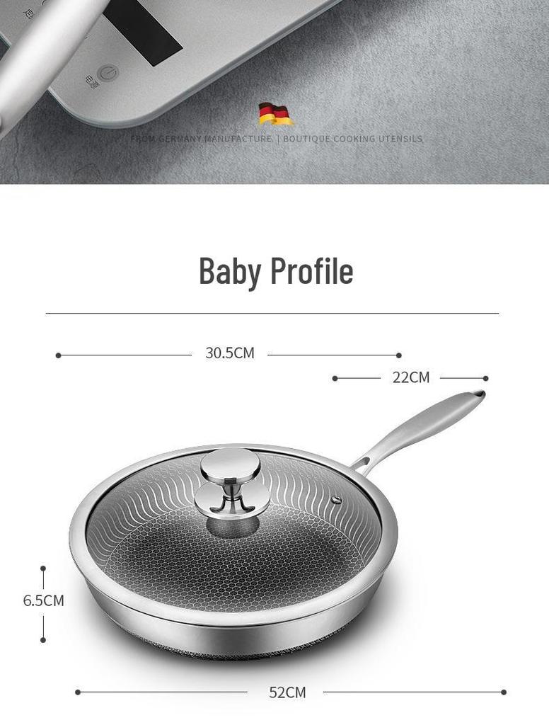316L Stainless Steel Frying Pan for Home Use, Flat Bottom, Non-Coated, Ideal for Steak and Fried Eggs, Compatible with Induction and Gas Stoves