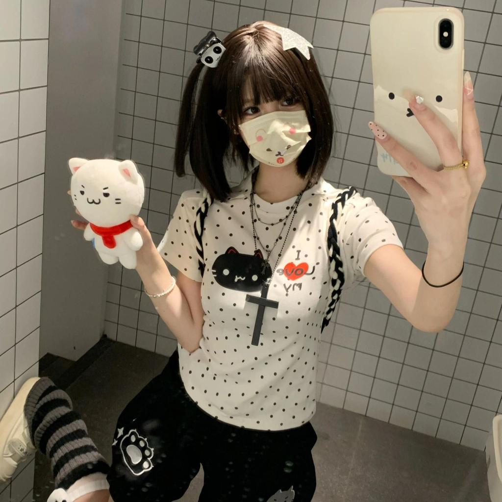 Design Sense Polka Dot Cartoon Cat Print Front Shoulder Short Sleeve T-Shirt Women's Summer New Slim Skinny Good-looking Top