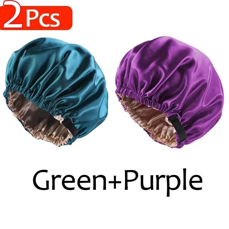 

2pcs Double layered polyester nightcap for women, fashionable and versatile hair care cap, button adjustable shower cap