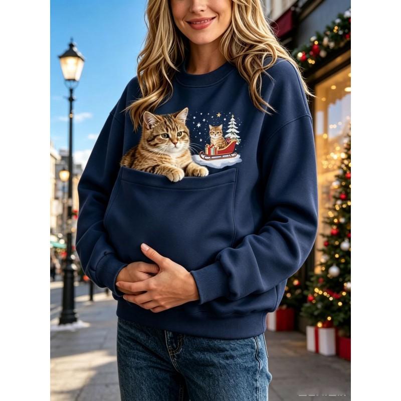 Christmas Cat Pocket Print Sweatshirt Retro Long Sleeve Top Holiday