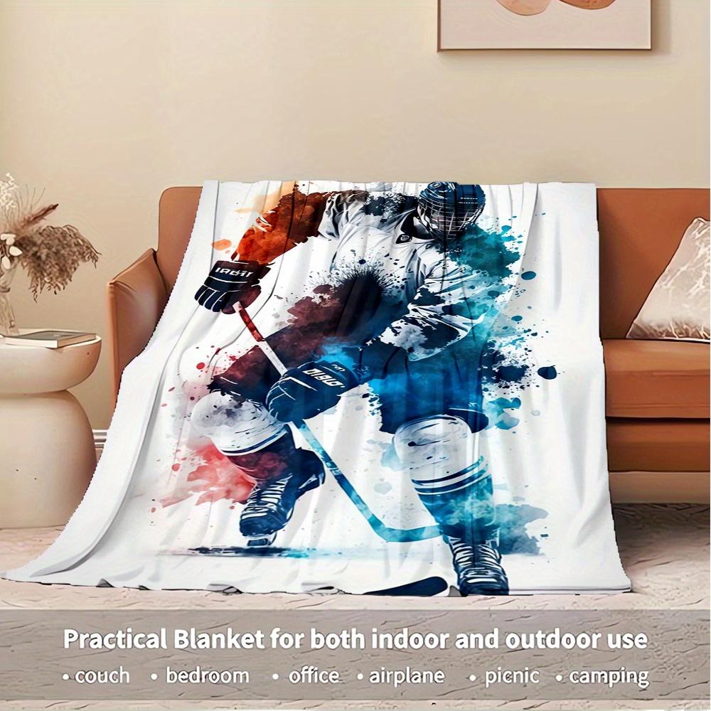 For Hockey Player,Action Pose,Watercolor Effect-Themed Flannel Blanket, Glam Style, Digital Print, All-Season Comfort, Tear-Resistant, Knitt