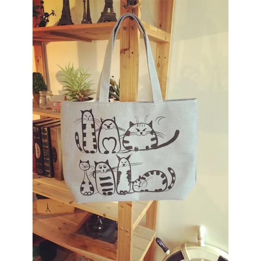 Women's Bag Cute Cats Canvas One Shoulder Casual Handbag Student Book Bags Large Capacity Shopping Korean Version New Fashion