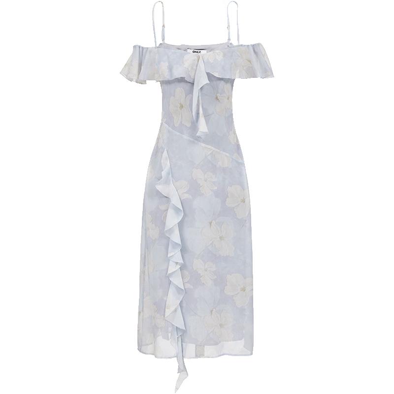 

ONLY Women s Printed Ruffled V-Neck Strap Midi Dress S