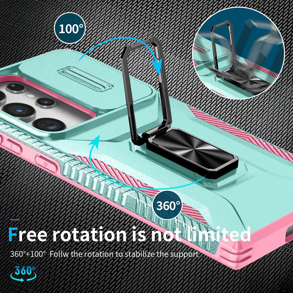 For Samsung Galaxy S23 Ultra Case Slide Lens Lid PC+TPU Phone Cover Kickstand Shell