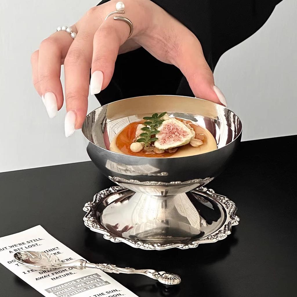 BRStainless Steel Dessert Bowl Silver Tall Ice Cream Cup Dessert Tray Tableware Pudding Plate Milkshake Cup Metal BowlEY