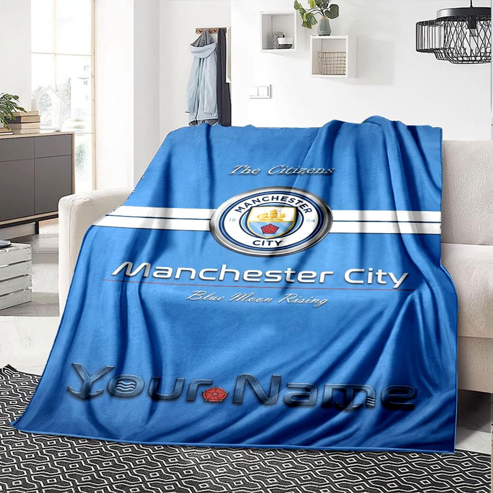Name Custom Manchester City FC Logo Print Flannel Blanket High Quality Warm Comfortable Cover for All Seasons Perfect for Gifts Home Decor