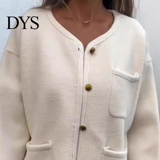 Round Neck Women Jacket Winter Single-breasted Cardigan Long Sleeves Outerwear with Pockets Warm Heat Retention OL Commuting Coat