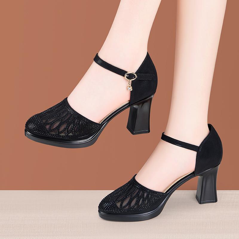 Women Closed Toe Sandals Women's Hollow Rhinestone 5CM/7CM Chunky Heel Shoes Hollow Mesh Mom High-heeled Shoes