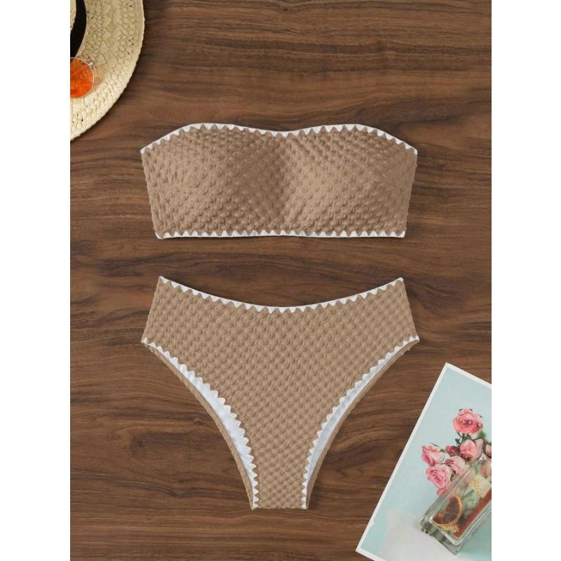 White Textured Bandeau Bikini Set Scalloped Edge High Waist Two Piece Swimsuit