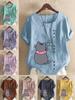 Damenmode Katze Druck Lässig Baumwolle Leinen Kurzarm Rundhals T-Shirt Hemd Freizeit Locker Sommer Bluse Oberteile