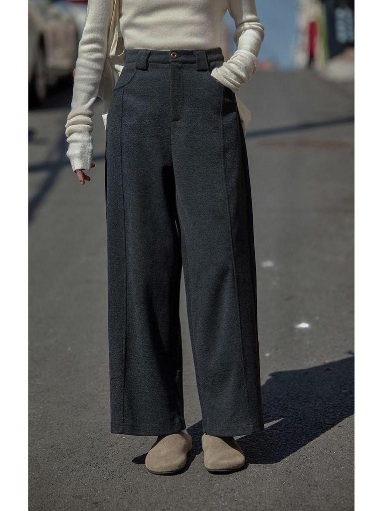 Women's Grey Wool Suit Pants - Autumn Drape, Versatile Wide-Leg, Straight, Solid Color