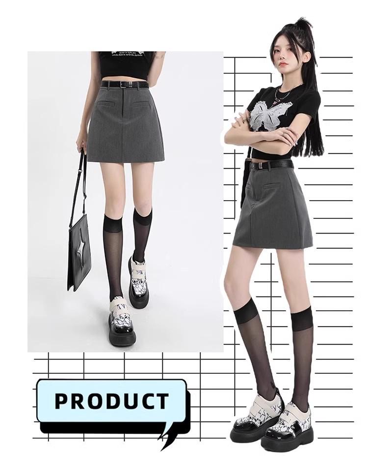 2025 Women's Gray High-Waist A-Line Miniskirt: College Style, Summer Slimming, Anti-Exposure Hip-Hugging Design