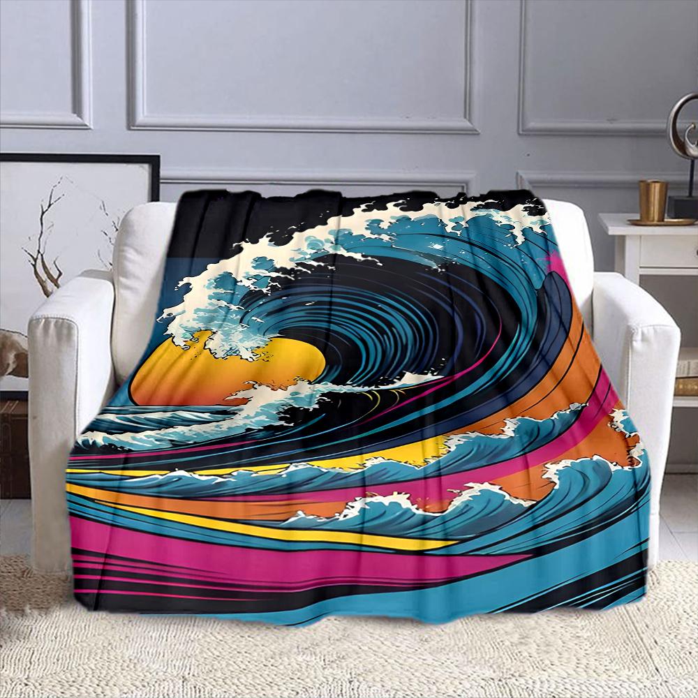Colorful Wave with Sunset Design Patterned flannel blanket perfect for the bedroom living room, sofa, or a little nap