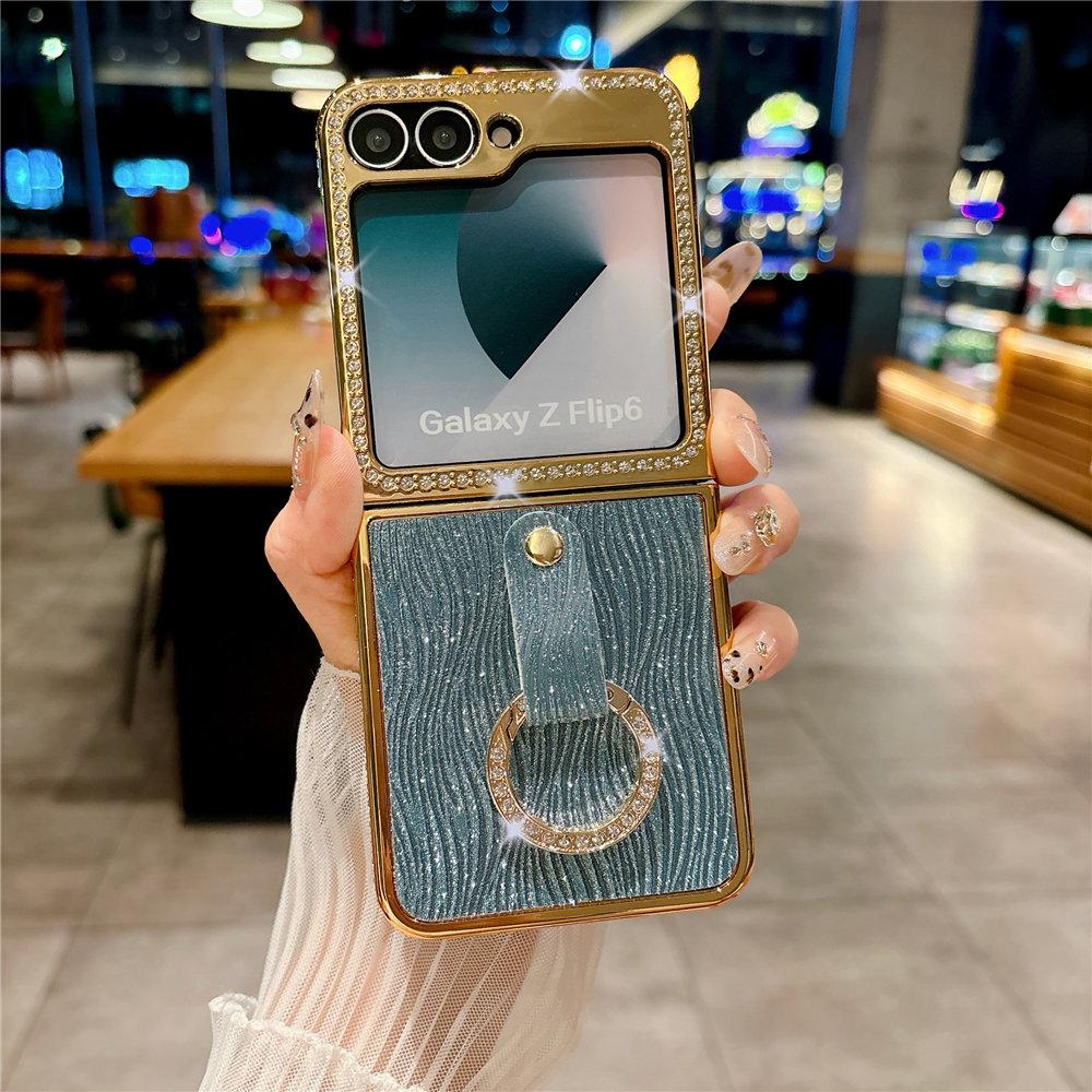 Ring Holder Diamond Case For Samsung Galaxy Z Flip 6 5 4 Zflip 5 Zflip 4 3 Bling Electroplating Cover