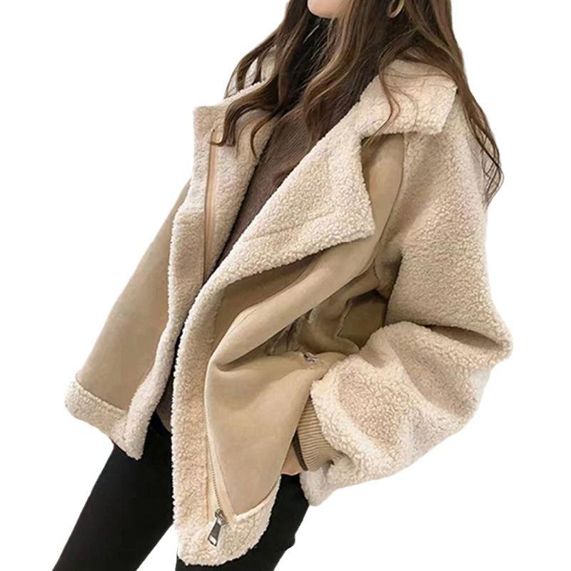 Versatile Tweed Style Jacket 2024 Women's Loose Fit Integrated Chamois Leather Fleece Cropped Sheep Fleece Motorcycle Jacket