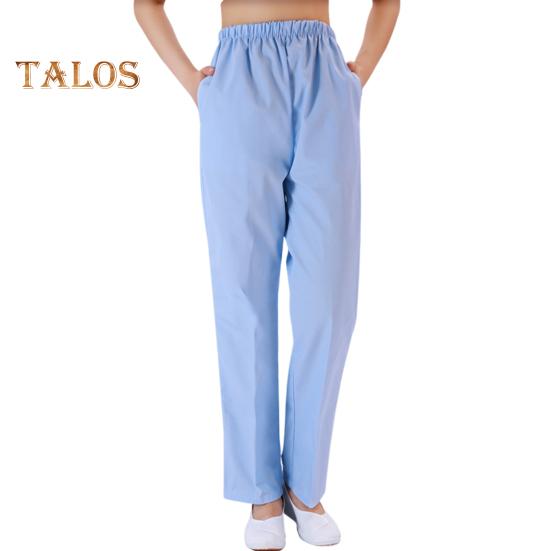 Letnie spodnie pielęgniarskie Średni stan, elastyczny pas, szerokie nogawki, długie spodnie, Jednokolorowe kieszenie, Damskie spodnie robocze