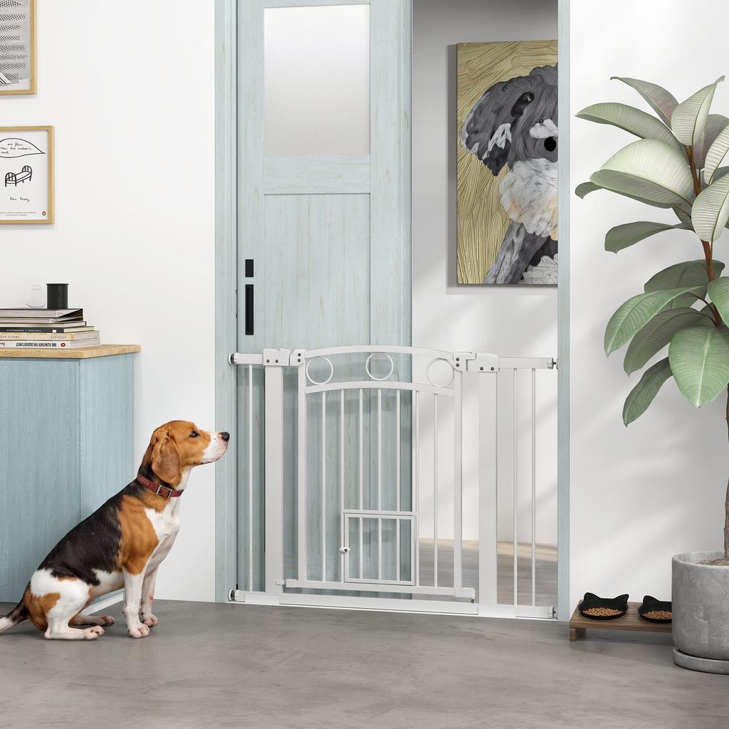 77cm Tall Dog Gate with Cat Door, 7cm and 14cm Extensions, for Stairs, Doorways, 76-104cm Width