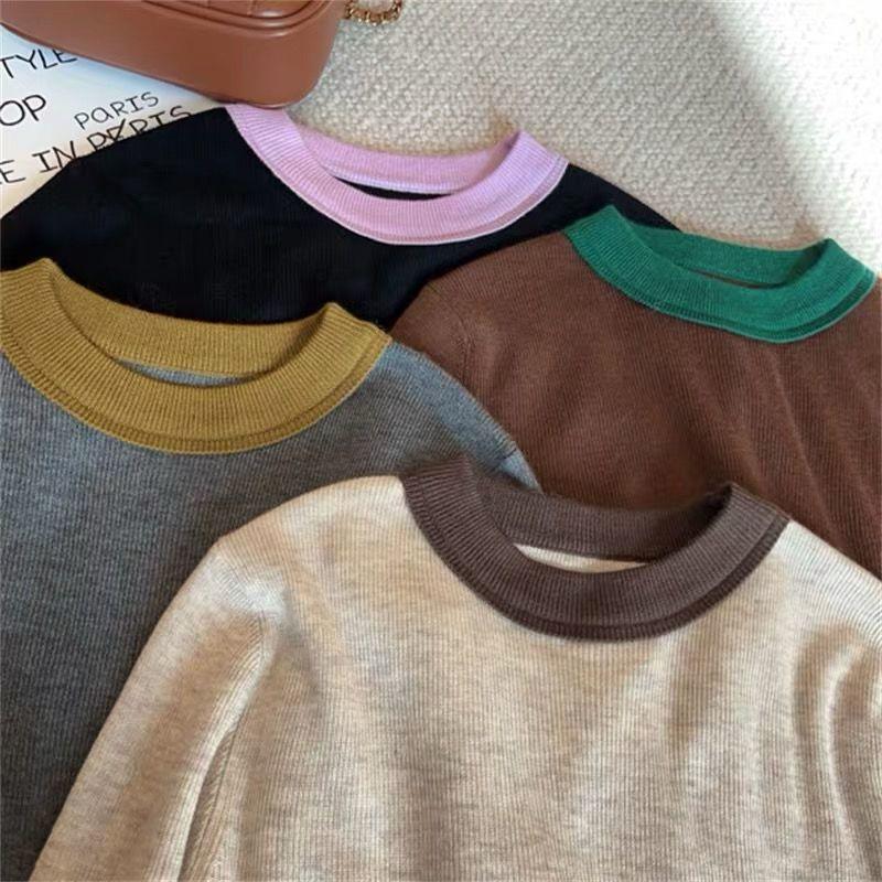 Round Neck Sweater Base Sweater Contrasting Color Design Autumn and Winter Korean Version Fashionable Loose and Slimming Knit Sweater Top for Women