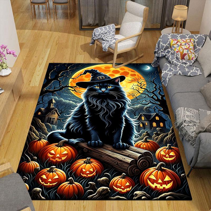 1Pc Halloween Cat Pumpkins Rug, Office Carpet Indoor Outdoor Doormat, Non-Slip Soft, Living Room, Christmas Halloween Gift. Em92810