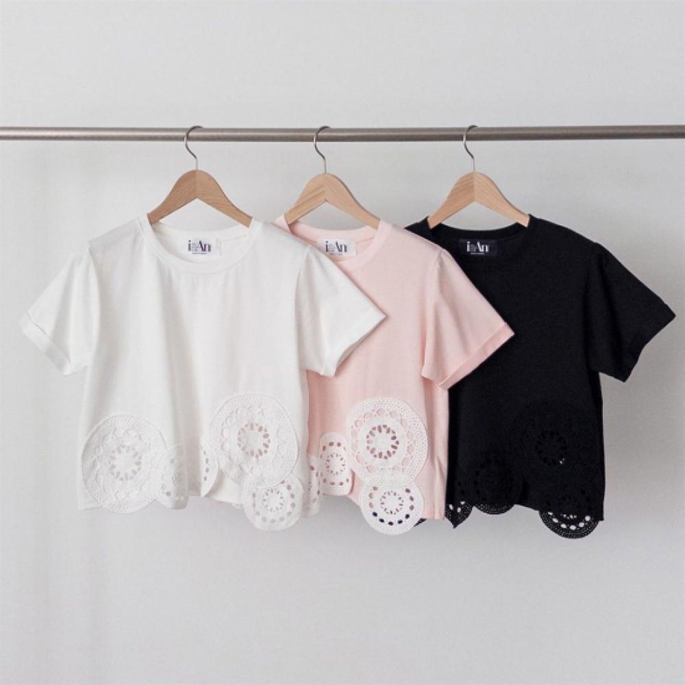 New Arrivals Open Run Doily Punching Lace Crop ShorT Sleeve T shirT