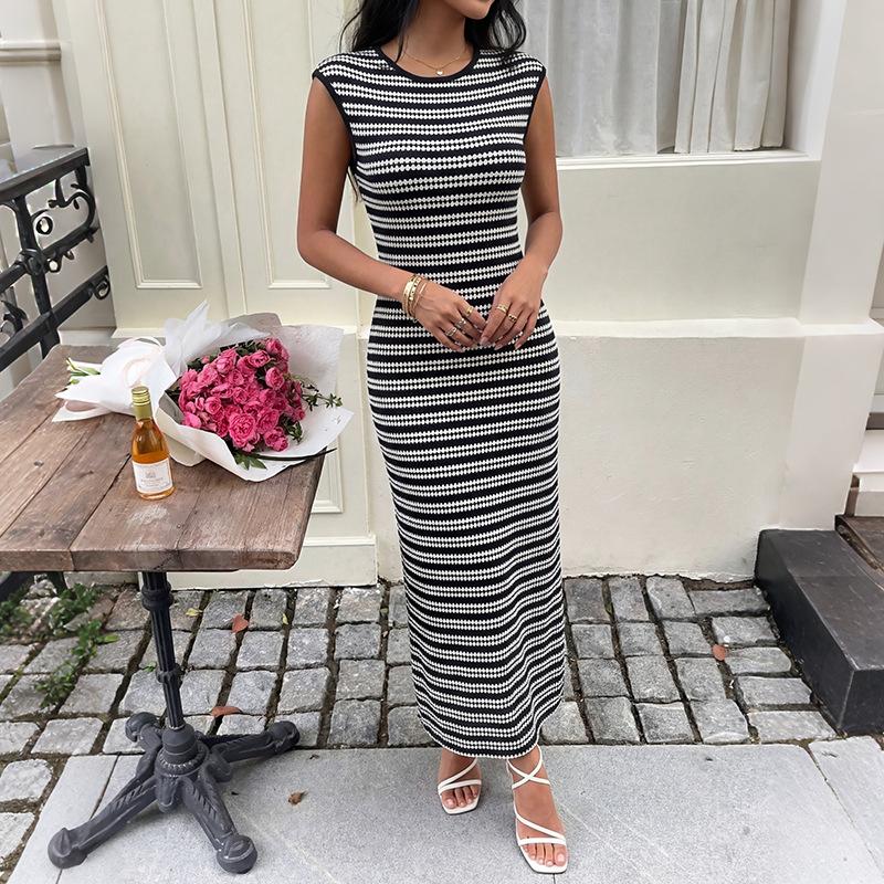 European and American Cross-border Striped Knitted Dress, New Sleeveless Casual Daily Slim Dress for Women In Summer 2026