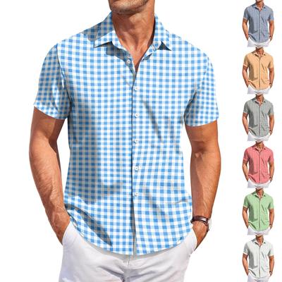 Men's Casual Short Sleeve Button Down Shirt Lightweight Breathable Fabric Checkered Pattern Summer Style Shirt for Everyday Wear