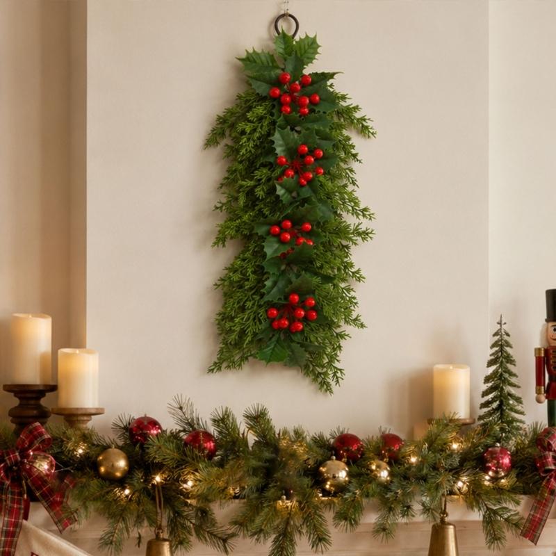 Indoor Seasonal Wall Decoration for Christmas Display with Artificial Plant Red Fruit Detail and Hanging Loop Placement Use