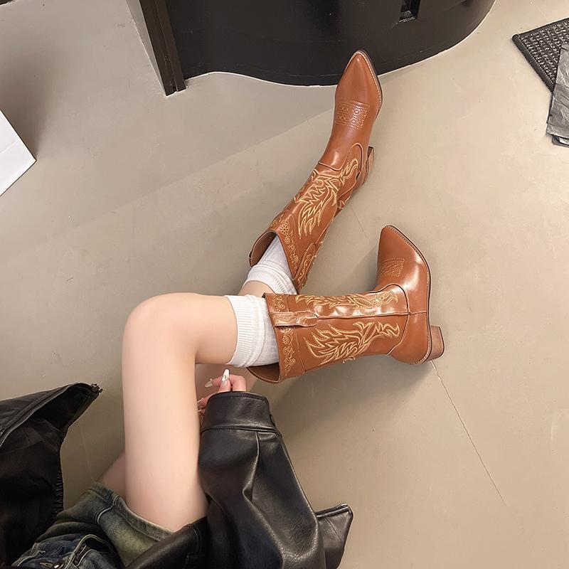 Fashion Cowgirl High Knee Boots New Style Luxury Trend Wedge Heel Embroidered Winter Shoes for Women White Red Pink Cowgirl Cowboy Boots