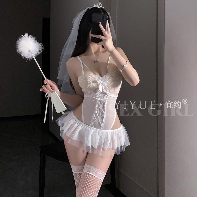 Erotic Underwear Pure Desire Bride Wedding Dress Sexy One-Piece Dress Set Lace Seductive Uniform Pajamas 1357