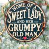 Schild "Süße Dame & Griesgrämiger alter Mann". 8x8 Zoll runde Aluminiumdekoration für Bar, Café oder Küche.