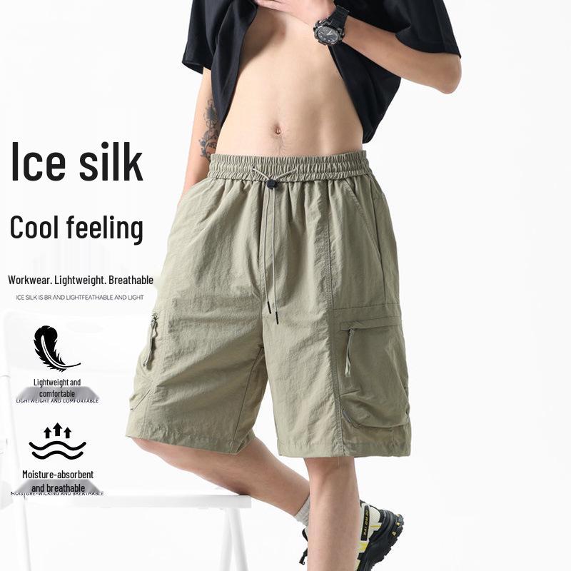 Men's American Workwear Shorts - Summer Loose Fit, Mid-length, Multi-pocket Ice Silk Sports Pants
