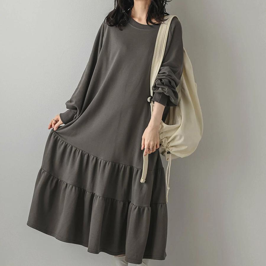 Autumn Women's Loose Mid-Length Patchwork Ruffled Hem Sweatshirt Dress Long Sleeve Knee-Length Dress