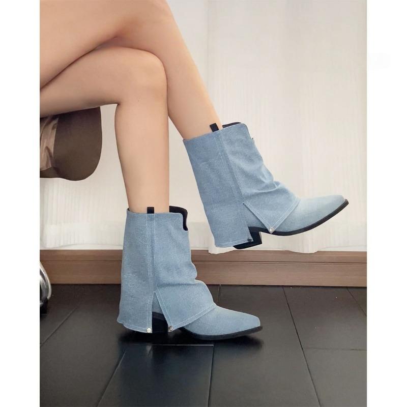 

Retro style boots pointed black slimming one-pedal short trousers stacked boots female summer 42 джинсовий синього кольору